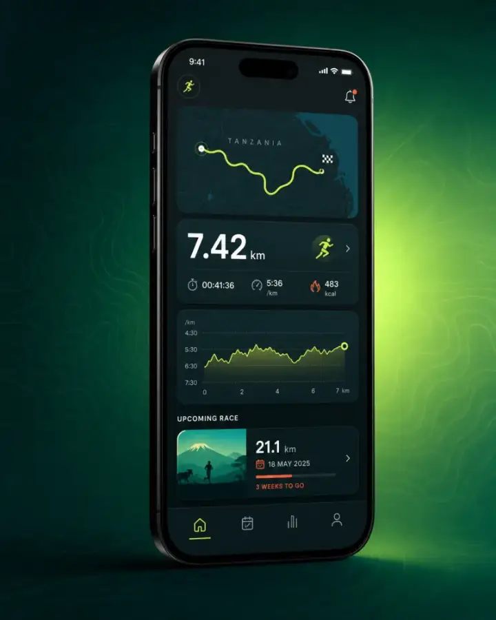 Marathon Tanzania running app showing a tracked route and upcoming race