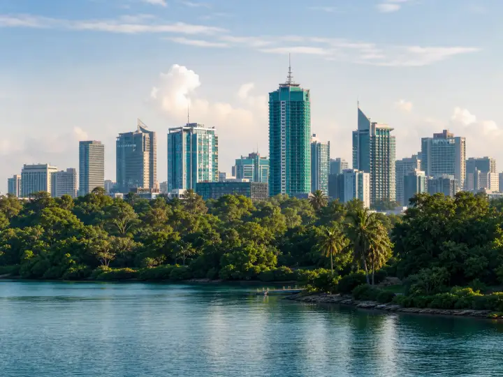 Tanzanian city skyline beside green parkland