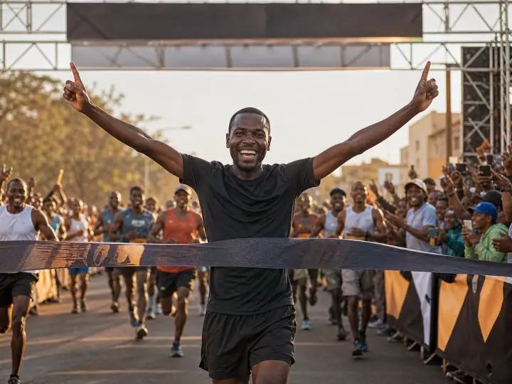 Runner celebrating at a marathon finish line